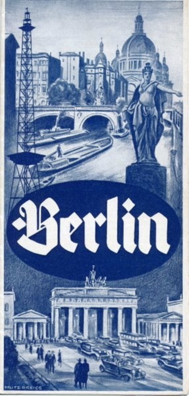 Plakatwerbung Berlin, Deutschland, mit einer Statue, Gebäuden, einem Turm, Menschen, Fahrzeugen auf der Straße und einer Brücke mit Text, der Informationen zur Stadt enthält.