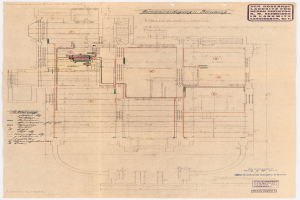 Schwarz-weißer Architekturplan des Rosenhof-Krankenhauses in Hamburg, Deutschland, mit detaillierter Grundrisszeichnung mit beschrifteten Räumen, Fluren und ausführlichen Verdrahtungsskizzen auf altem Papier.
