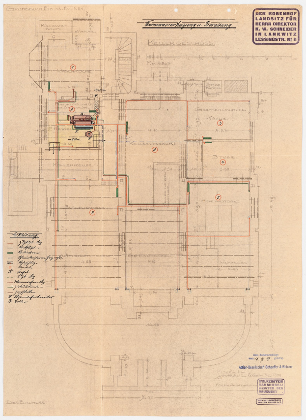 Schwarz-weißer Architekturplan des Rosenhof-Krankenhauses in Hamburg, Deutschland, mit detaillierter Grundrisszeichnung mit beschrifteten Räumen, Fluren und ausführlichen Verdrahtungsskizzen auf altem Papier.