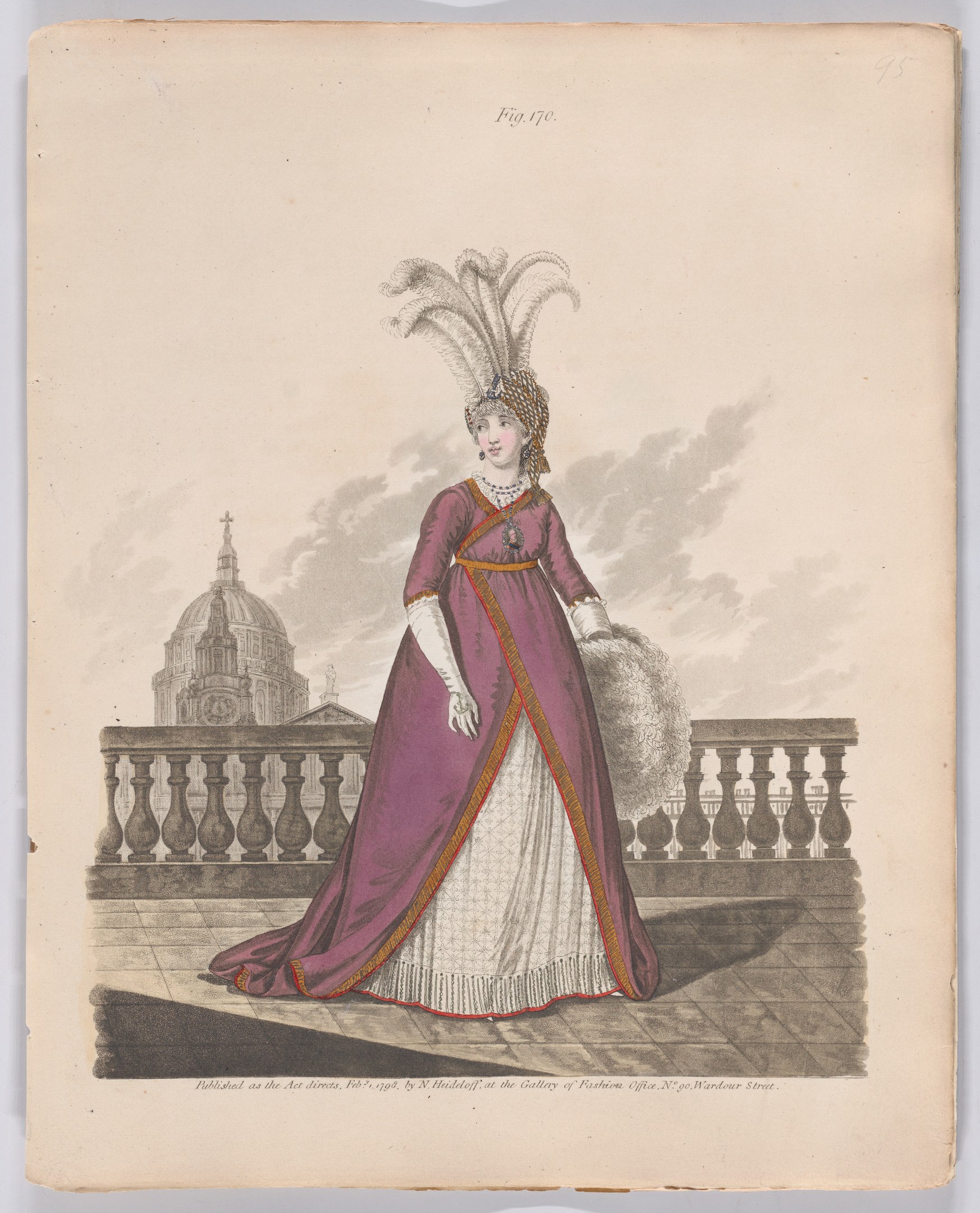 Frau in einem purpurweißen Kleid mit einer Federhaube, die an einem Geländer steht, mit einem Gebäude und Wolken im Hintergrund, beschriftet mit "Fashion of New York, New York Street, 1790."