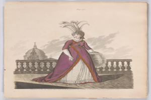 Frau in einem purpurweißen Kleid mit einer Federhaube, die an einem Geländer steht, mit einem Gebäude und Wolken im Hintergrund, beschriftet mit "Fashion of New York, New York Street, 1790."