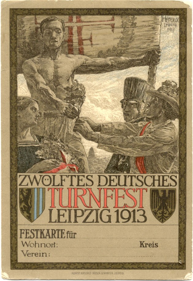 Plakat für das Zwölfte Deutsche Turnfest Leipzig 1913, das eine zentrale Personengruppe und Text mit Veranstaltungseinzelheiten zeigt.