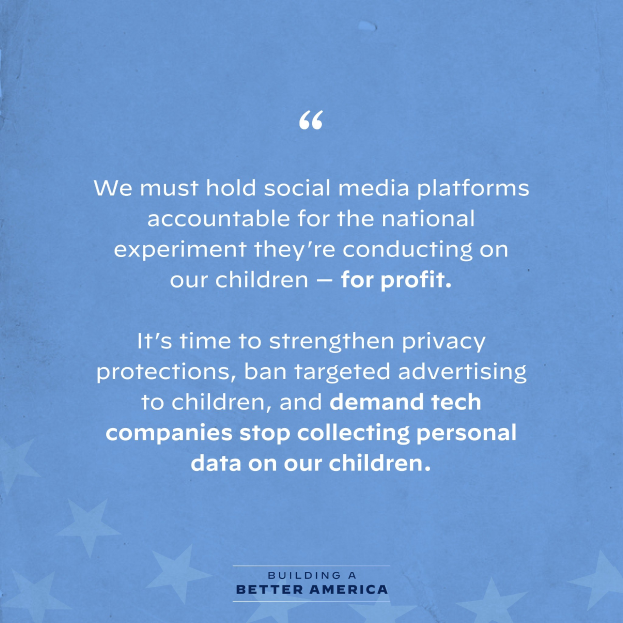 Plakat mit einem Zitat aus Building a Better America, das fordert, dass soziale Medienplattformen für den Schaden zur Verantwortung gezogen werden, den sie Kindern zufügen - zum Profit, geschmückt mit Sternen.