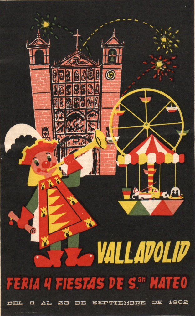 Buntes Karnevalsplakat in Valladolid, Spanien, mit einem Gebäude, einem Riesenrad, einem Spielzeug und text mit festlichem Feeling.