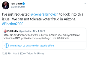 Screenshot des Twitter-Accounts von Paul Gosar mit seinem Profilbild und dem Text "Wir können Wahlbetrug in Arizona nicht dulden."