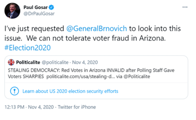 Screenshot des Twitter-Accounts von Paul Gosar mit seinem Profilbild und dem Text "Wir können Wahlbetrug in Arizona nicht dulden."
