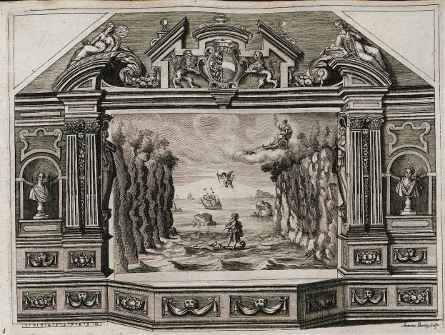 Schwarze und weiße Gravur eines Raums mit einer detaillierten 16. Jahrhundert-Szene-Malerei an der Wand, einschließlich Skulpturen, Figuren und Bäume sowie dekorativer Text unten.