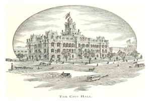 Eine Zeichnung des Stadtgerichts von Philadelphia, ein großes Gebäude mit einem Uhrenturm, umgeben von Bäumen, Menschen und Fahrzeugen auf der Straße, mit Text unten.