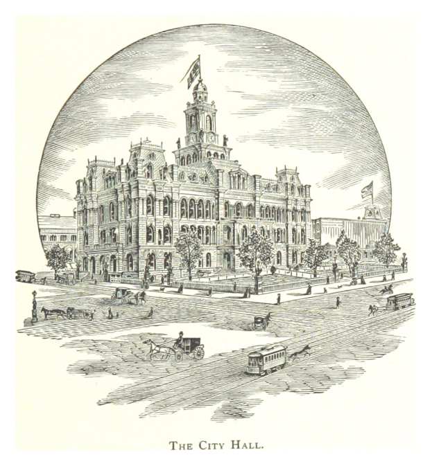Eine Zeichnung des Stadtgerichts von Philadelphia, ein großes Gebäude mit einem Uhrenturm, umgeben von Bäumen, Menschen und Fahrzeugen auf der Straße, mit Text unten.