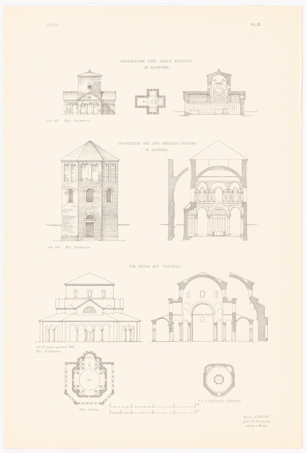 Eine Buchseite mit detaillierten Architekturzeichnungen verschiedener Gebäude, begleitet von beschreibendem Text über ihre Geschichte.