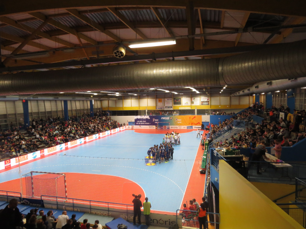 Große Halle mit Zuschauern bei einem Handballspiel, mit Sitzplätzen und Stehplätzen, Netz auf der linken Seite, Hintergrundtafeln mit Text und Deckenleuchten und Rohre.