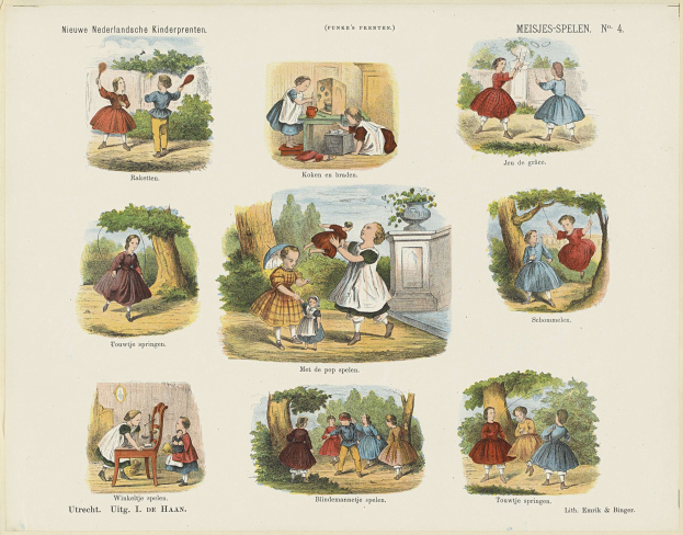 Ein Buch mit Bildern von Kindern, die im Park spielen, umgeben von Bäumen und anderen Gegenständen, mit begleitendem Text.