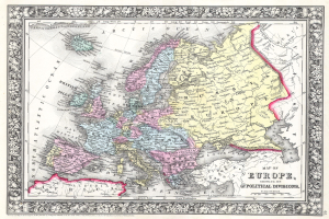 Ein altes Europa-Karte mit dem Umfang des britischen Empire im Hintergrund, gerahmt in einem Fotorahmen, mit der Aufschrift 'Karte von Europa, die ihre politischen Teilungen zeigt'.