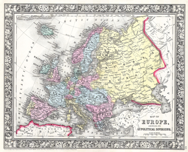 Ein altes Europa-Karte mit dem Umfang des britischen Empire im Hintergrund, gerahmt in einem Fotorahmen, mit der Aufschrift 'Karte von Europa, die ihre politischen Teilungen zeigt'.