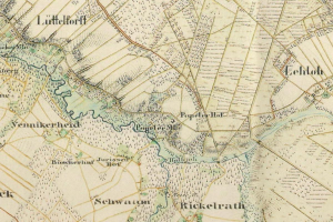 Ein detaillierter alter Stadtplan von Lüttelhof, Deutschland, der Straßen, Gebäude, Parks, Sehenswürdigkeiten und die umliegenden Gebiete zeigt.