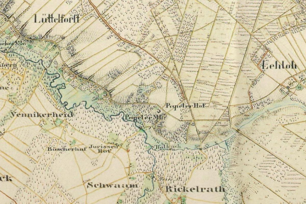 Ein detaillierter alter Stadtplan von Lüttelhof, Deutschland, der Straßen, Gebäude, Parks, Sehenswürdigkeiten und die umliegenden Gebiete zeigt.