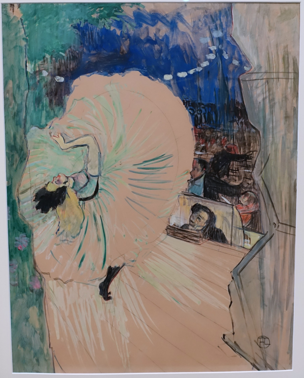 Ein Gemälde namens 'Tanz an der Oper' von Edgar Degas, das eine Frau in einem grünen Kleid zeigt, die anmutig auf der Bühne tanzt, umgeben von einer Gruppe von Menschen im Hintergrund, mit leuchtenden Farben und sichtbaren Pinselstrichen, um Bewegung und Energie zu vermitteln.