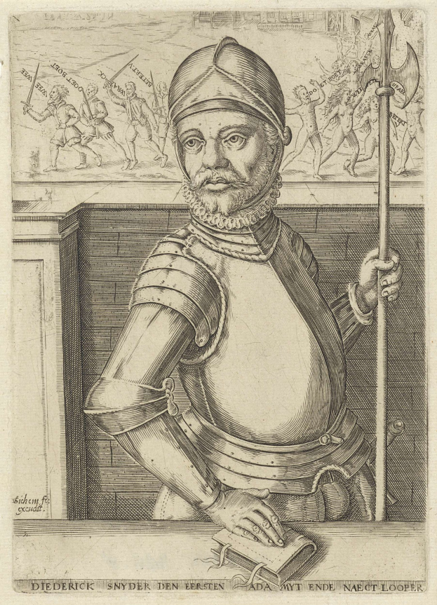 Gravur eines ernst dreinblickenden, gepanzerten Mannes mit einem Dreizack und einem Buch in heroischer Pose.