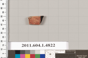 Ein kleiner Tonklumpen wird neben einem Lineal mit Zahlen und Text auf einer weißen Oberfläche plaziert, mit Farbmustern unten im Bild.