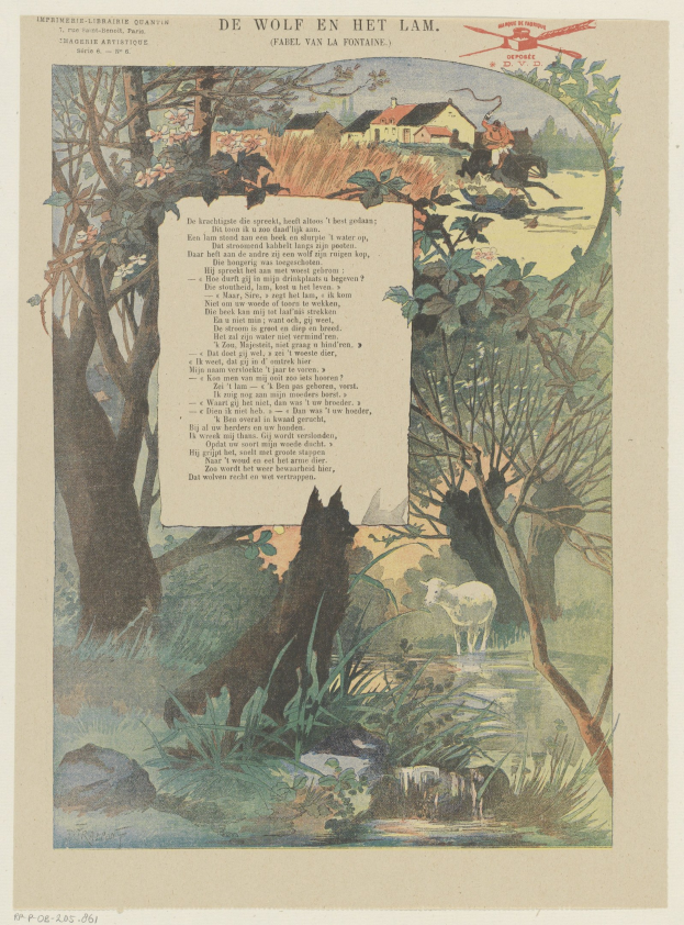 Ein Buchillustration mit einem Wolf in einer bewaldeten Landschaft mit Bäumen, Pflanzen, Gras, Wasser, Tieren, Häusern und Himmel, begleitet von Text.