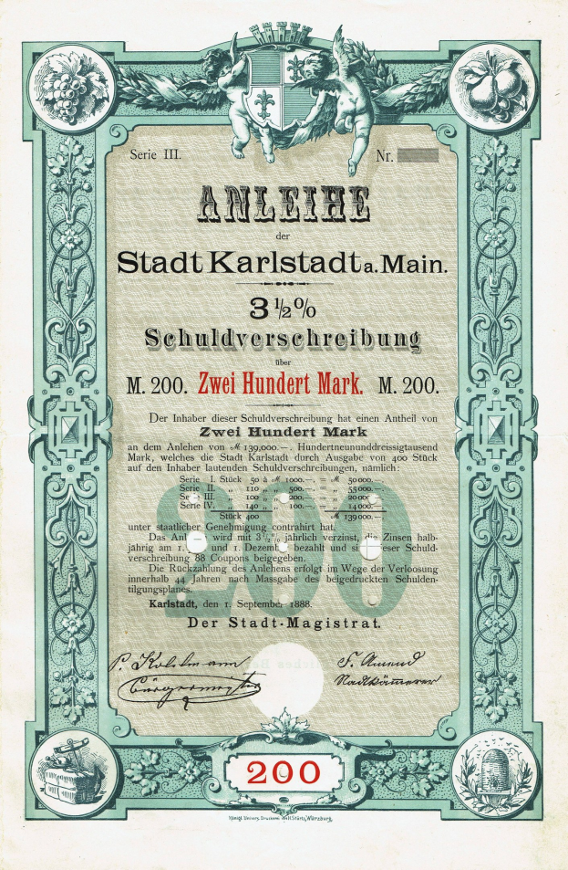 Alte Aktienurkunde mit Porträt eines Mannes, mit gedrucktem Text und numerischen Werten, die die Aktiendetails angeben.