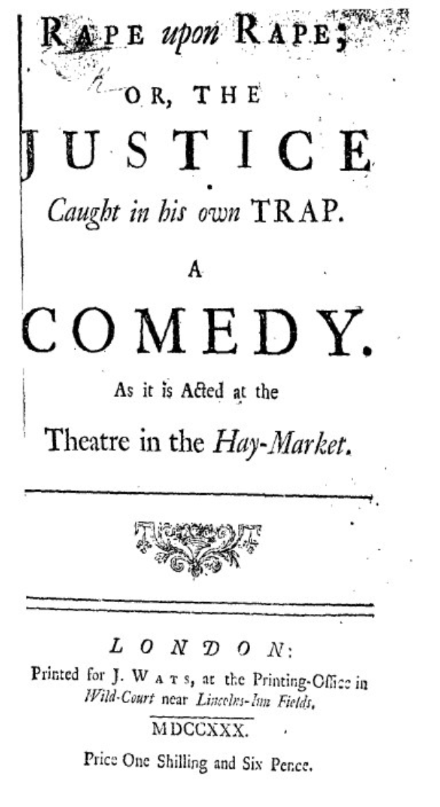 Schwarzes und weißes Plakat mit fetter schwarzer Schrift, die "Vergewaltigung auf Vergewaltigung oder die Gerechtigkeit, die in ihrer eigenen Falle gefangen ist" lautet, wahrscheinlich Ankündigung einer Comedy-Show.