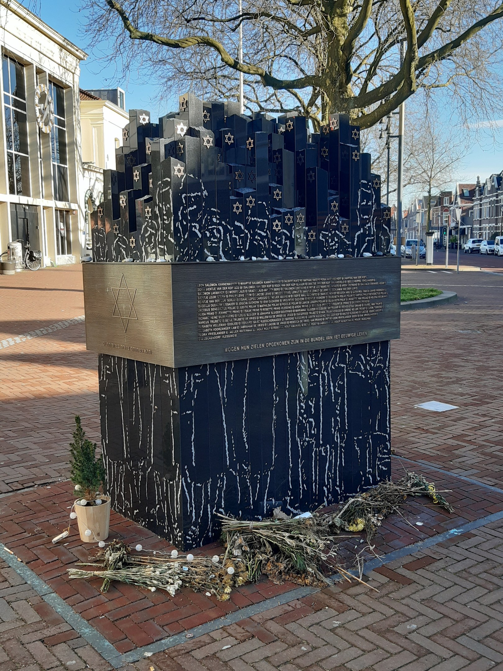 Denkmal für Holocaust-Opfer in einem Stadtplatz mit einem Baum, Topfpflanze, verstreuten trockenen Blättern und städtischem Hintergrund einschließlich Gebäuden, Fahrzeugen, Pfählen und Bäumen.