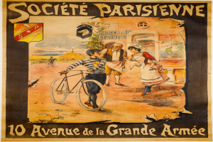 Plakatankündigung eines Fahrradrennens in Paris, das eine Gruppe von Menschen zeigt, von denen einer ein Fahrrad hält, mit einem Gebäude im Hintergrund und Text, der das Ereignis beschreibt.