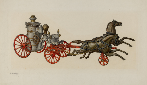 Schwarz-weiß-Zeichnung von zwei Pferden, die eine Feuerwache ziehen, mit sichtbaren Rädern und Motor im Hintergrund.