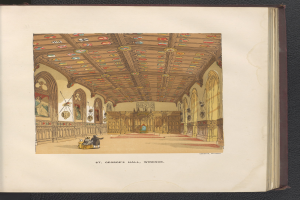 Ein aufgeschlagenes Buch auf einer schwarzen Oberfläche zeigt eine detaillierte Illustration von St. Georgs Halle in Windsor, England, mit Menschen, Wänden und einer Decke und Text unten.