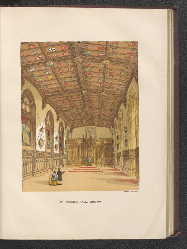 Ein aufgeschlagenes Buch auf einer schwarzen Oberfläche zeigt eine detaillierte Illustration von St. Georgs Halle in Windsor, England, mit Menschen, Wänden und einer Decke und Text unten.