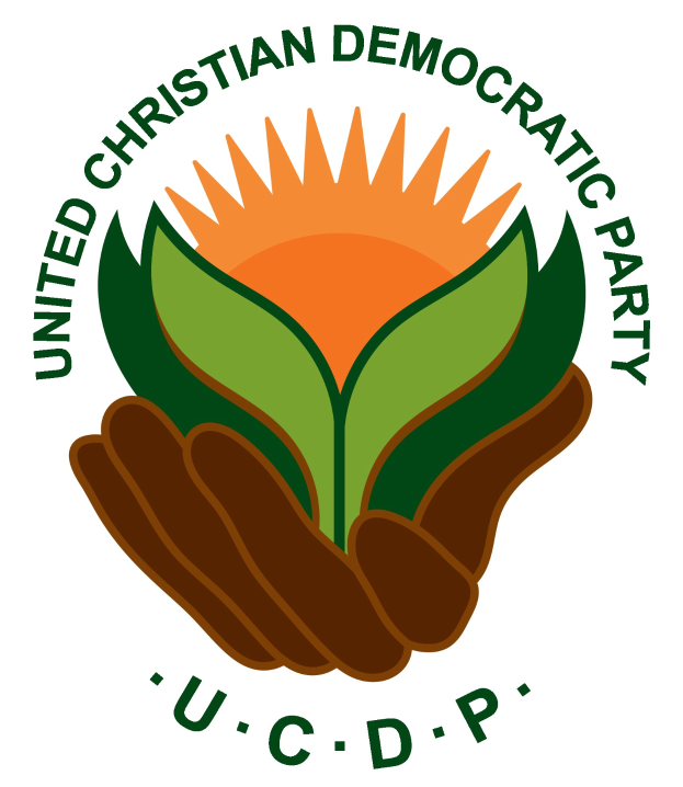 Logo der Vereinigten Christlich Demokratischen Partei (VCDP): eine Hand, die eine leuchtend gelbe Blume mit einem grünen Stiel und Blättern hält, mittig in einem blauen und gelben Kreis auf einem weißen Hintergrund, mit "VCDP" in fetter schwarzer Schrift darunter.