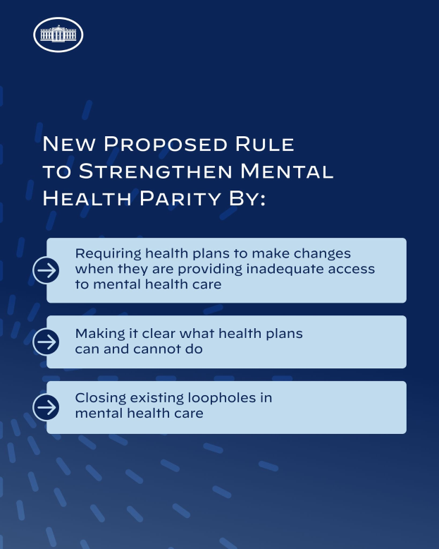 Ein blauer Hintergrund mit weißer Schrift, die eine neue Regelung zur Stärkung der psychischen Gesundheit umreißen, und ein weißes Kreislogo mit blauer Umrandung.