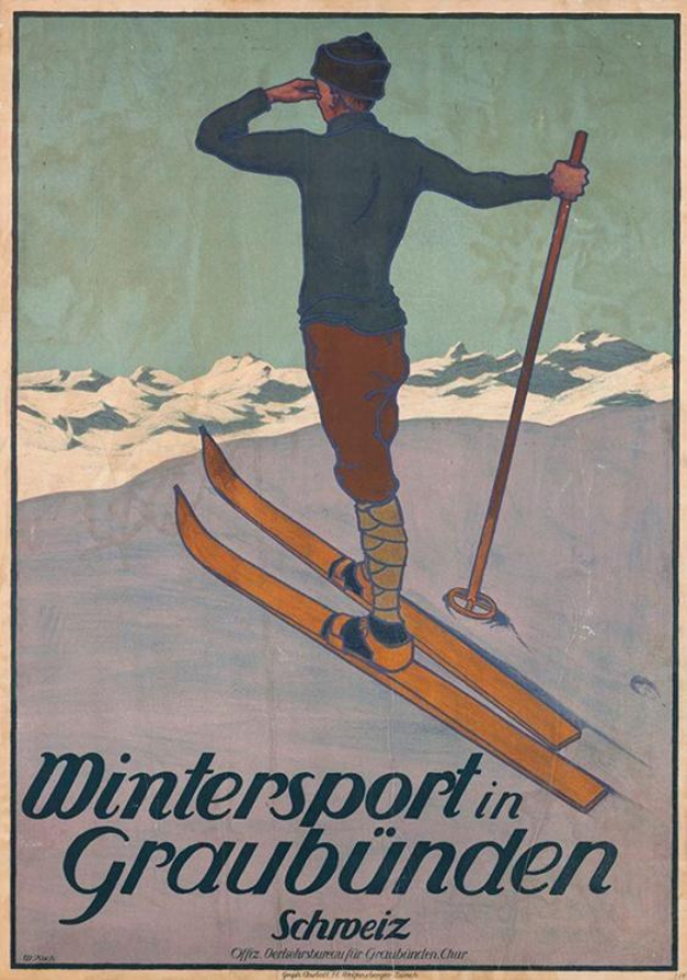 Ein Plakat, das einen Wintersport in Graubünden, Schweiz, bewirbt, zeigt eine Person auf Skiern mit schneebedeckten Bergen im Hintergrund und Text, der die Veranstaltungdetails angibt.