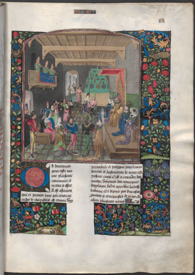 Ein aufgeschlagenes Buch, das eine leuchtende, detaillierte Miniatur aus der mittelalterlichen Zeit zeigt, mit Menschen verschiedenen Alters und Hintergrunds in einer lebhaften Unterhaltung, mit leuchtenden und intensiven Farben.